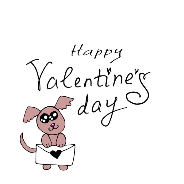 Walentynkowa kartka z życzeniami. Prosty ładny kolorowy pies z listem miłosnym. Bazgroły. Pocztówka, logo, odznaki, papeteria, sieć — Zdjęcie stockowe