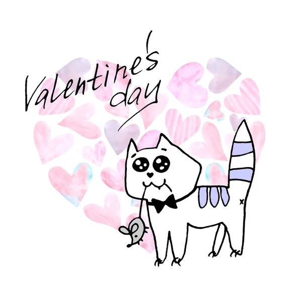Valentine's day greeting card. Simple cute contoured cat with a mouse in its teeth. Gift for your favorite. Doodle. For postcard, logo, badges, stationery, web — 스톡 사진