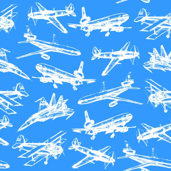 Patrón sin costuras con aviones dibujados a lápiz. Fondos y texturas para niños, viajes, diseño de negocios, embalaje, tejidos, estampados — Foto de Stock