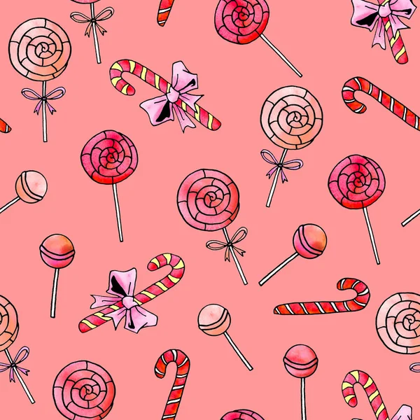 Seamless hand drawn pattern. Watercolor candy cane, sweets, lollipop. Valentines Day backgrounds and texture. For greeting cards, wrapping paper, fabric, print — 스톡 사진
