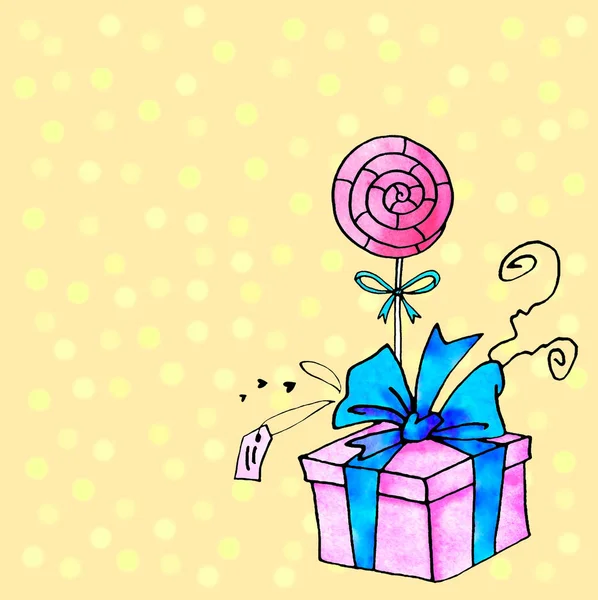 Caja de regalo de acuarela con cinta y caramelo de piruleta. Día de San Valentín, elemento clip art cumpleaños. ilustración dibujada a mano . — Foto de Stock