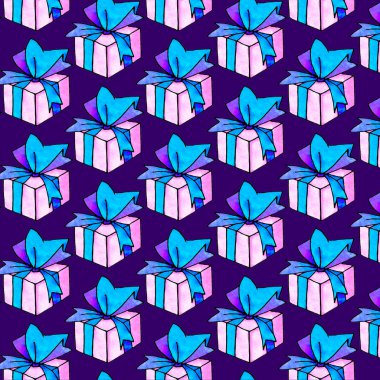 Hediye kutularıyla kusursuz desen. Şenlikli arka planlar ve dokular. Tebrik kartları, ambalaj kağıtları, tekstil, baskılar, doğum günü, sevgililer günü, Noel, tatiller