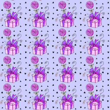 Hediye kutularıyla kusursuz desen. Şenlikli arka planlar ve dokular. Tebrik kartları, ambalaj kağıtları, tekstil, baskılar, doğum günü, sevgililer günü, Noel, tatiller