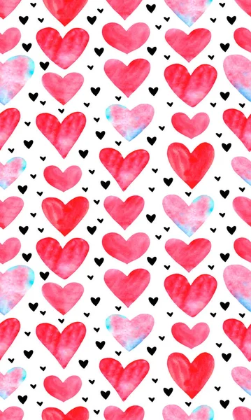 Fondos, texturas, marcos, patrones sin costuras de rojo rosa azul negro acuarela corazones. Mano dibujada. Tema romance de amor para cumpleaños, día de San Valentín, tarjeta de felicitación, boda, papel de regalo — Foto de Stock