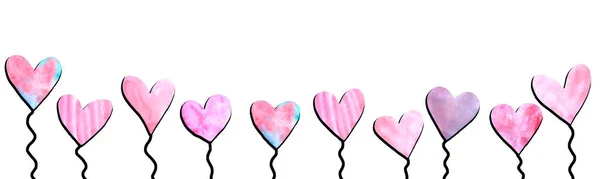 Długi poziomy sztandar z sercami balonów. Jasne, świąteczne, pogodne lato, wiosenne tło na urodziny, Walentynki, gratulacje, deklaracje miłości — Zdjęcie stockowe