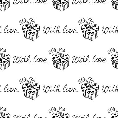 Hediye kutuları ve kurdeleleri olan kusursuz bir desen. Güzel el çizimi karalamalar. Paket kağıdı, tebrik kartı, xmas, ambalaj, düğün, doğum günü, kumaş, Sevgililer Günü, Anneler Günü