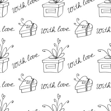 Hediye kutuları ve kurdeleleri olan kusursuz bir desen. Güzel el çizimi karalamalar. Paket kağıdı, tebrik kartı, xmas, ambalaj, düğün, doğum günü, kumaş, Sevgililer Günü, Anneler Günü