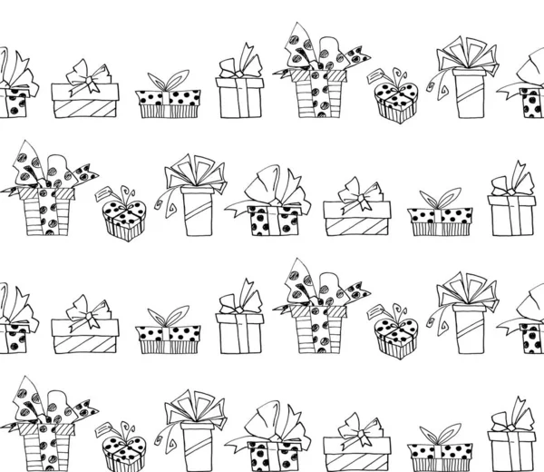 Patrón sin costuras con cajas de regalo lazos y cintas. Bonitos garabatos dibujados a mano. Concepto para papel de regalo, tarjetas de felicitación, Navidad, embalaje, boda, cumpleaños, tela, día de San Valentín, día de la madre — Foto de Stock