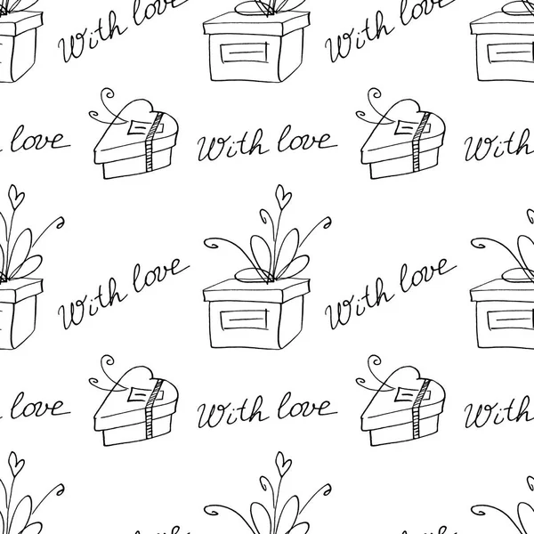 Seamless pattern with gift boxes bows and ribbons. Cute hand drawn doodles. Concept for wrapping paper, greeting cards, xmas, packaging, wedding, birthday, fabric, valentine's Day, mother's Day — ストック写真
