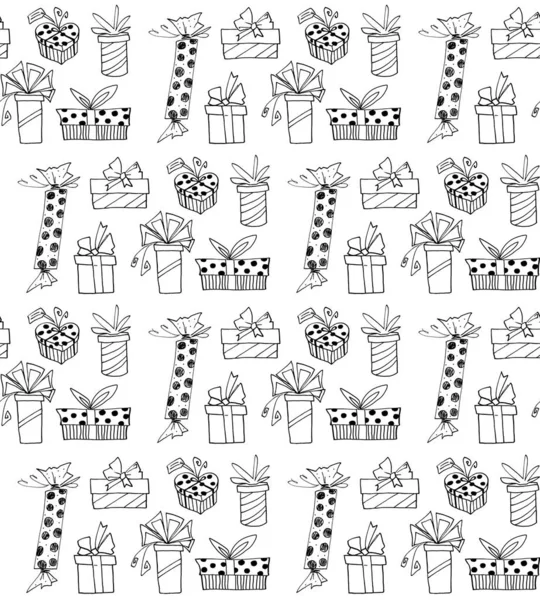 Seamless pattern with gift boxes bows and ribbons. Cute hand drawn doodles. Concept for wrapping paper, greeting cards, xmas, packaging, wedding, birthday, fabric, valentine's Day, mother's Day — 스톡 사진