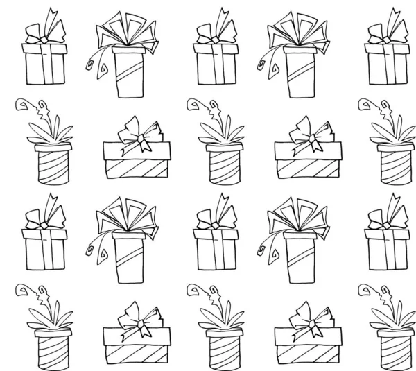 Seamless pattern with gift boxes bows and ribbons. Cute hand drawn doodles. Concept for wrapping paper, greeting cards, xmas, packaging, wedding, birthday, fabric, valentine's Day, mother's Day — 스톡 사진