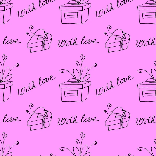 Seamless pattern with gift boxes bows and ribbons. Cute hand drawn doodles. Concept for wrapping paper, greeting cards, xmas, packaging, wedding, birthday, fabric, valentine's Day, mother's Day — ストック写真