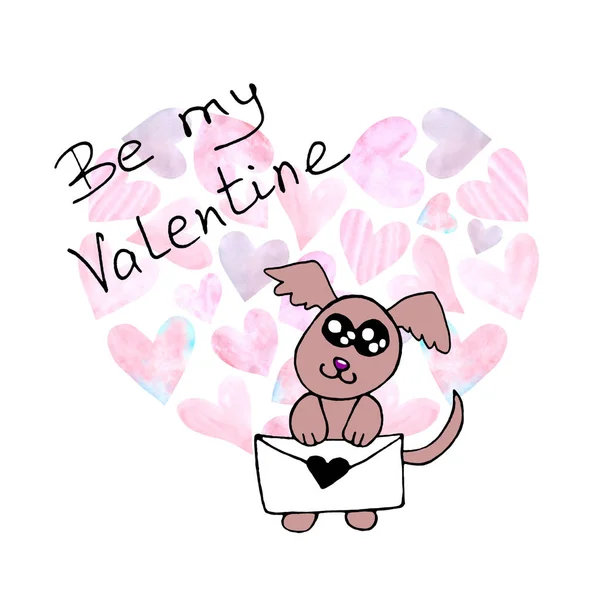 Tarjeta de felicitación de San Valentín. Perro de color lindo simple con carta de amor. Doodle. Para postal, logotipo, insignias, papelería, web —  Fotos de Stock