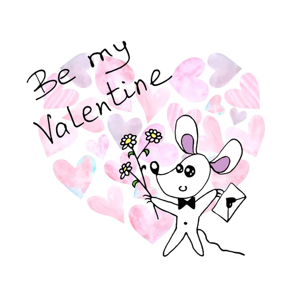 Pozdrav na Valentýna. Jednoduchá roztomilá barevná myš s milostným dopisem a květinami. Doodle. Pohlednice, logo, odznaky, celiny, web — Stock fotografie