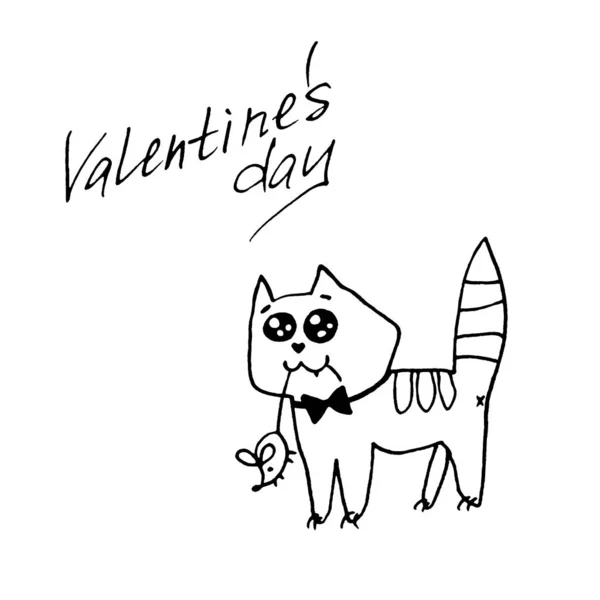 Gato contorneado simple con un ratón en los dientes. Doodle. Regalo para tu favorito. Elemento de diseño para tarjeta de felicitación, Día de San Valentín, libro para colorear, postal, impresiones, insignias de logotipo papelería web —  Fotos de Stock