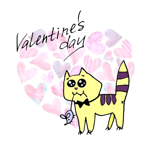 Valentine's day greeting card. Simple cute contoured cat with a mouse in its teeth. Gift for your favorite. Doodle. For postcard, logo, badges, stationery, web — 스톡 사진