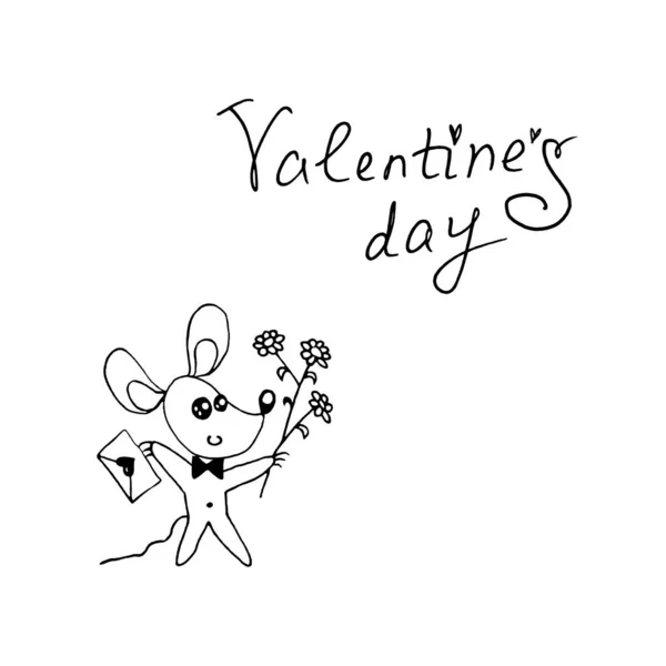 A simple cute contour mouse with a love letter and flowers. Doodle. Be my Valentine. Design element for greeting card, Valentine's Day, birthday, coloring book, prints, logo badges stationery web — Stock Photo, Image