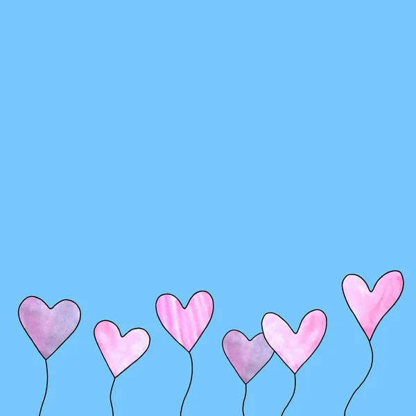 Rózsaszín akvarell szívek. Kézzel rajzolt lufik az alsó szélén. Egyszerű háttér a születésnapra, Valentin-nap, üdvözlőlap, anyák napja, szerelmi nyilatkozat, web — Stock Fotó