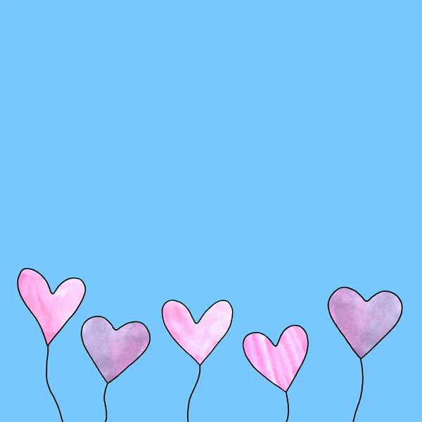 Pink watercolor hearts. Hand drawn balloons along bottom edge. Simple background for birthday, Valentines Day, greeting card, mothers Day, declaration of love, web — Stock Photo, Image