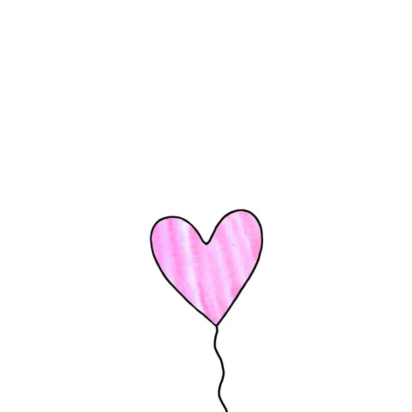 Roze aquarel ballon in de vorm van hart geïsoleerd op witte achtergrond. Symbool van liefde, romantiek. Eenvoudige illustratie voor Valentijnsdag, verjaardag, bruiloft, wenskaart, web. Doodle hand getrokken — Stockfoto