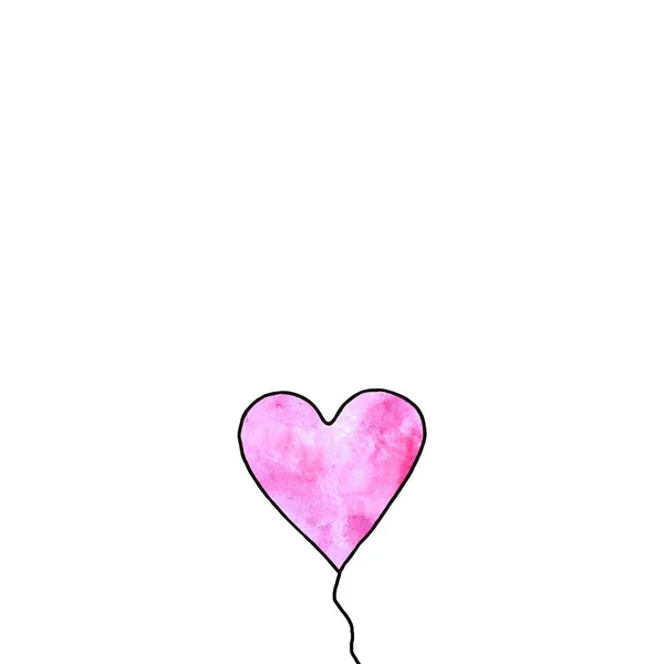 Różowy balon akwarelowy w kształcie serca odizolowany na białym tle. Symbol miłości, romansu. Prosta ilustracja na Walentynki, urodziny, ślub, kartka okolicznościowa, pajęczyna. Doodle ręcznie rysowane — Zdjęcie stockowe