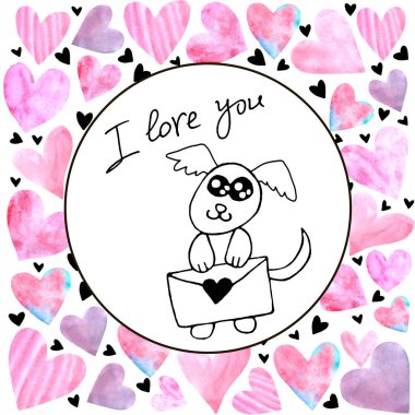 Aşk mektubuyla basit, sevimli bir köpek. Pembe suluboya kalpler çerçevesi. Karalama. Tebrik kartı için tasarım ögesi, Sevgililer Günü, doğum günü, kartpostal, baskılar, logo rozetleri kırtasiye sitesi