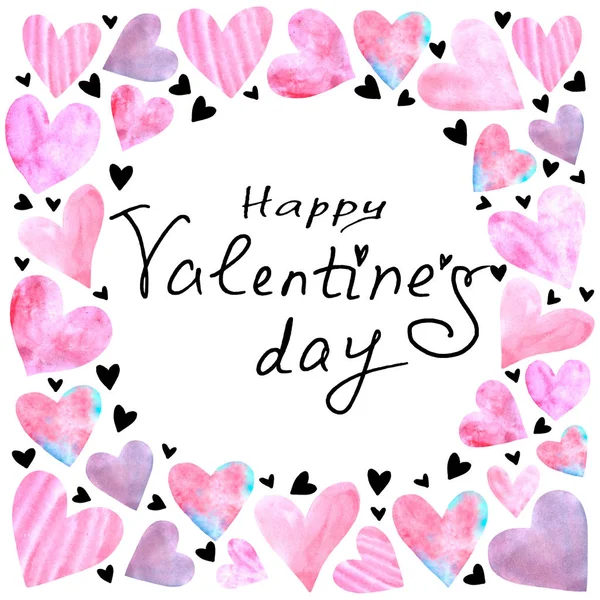 Happy Valentine's Day. Frame of pink watercolor hearts. Background template for greeting cards, declarations of love, web — Stock Photo, Image