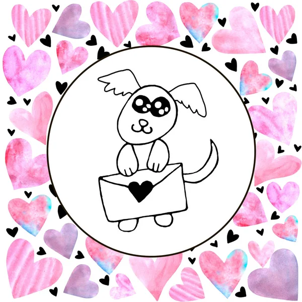 Simple cute contour dog with love letter. Frame of pink watercolor hearts. Doodle. Design element for greeting card, Valentine's day, birthday, postcard, prints, logo badges stationery web — 스톡 사진
