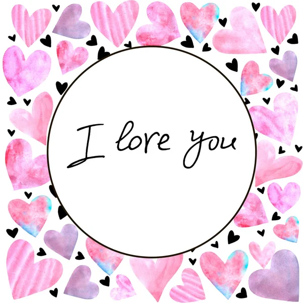 Miluju tě. Rám růžových akvarelových srdcí. Šablona pozadí pro Valentýna, blahopřání, prohlášení o lásce, web — Stock fotografie