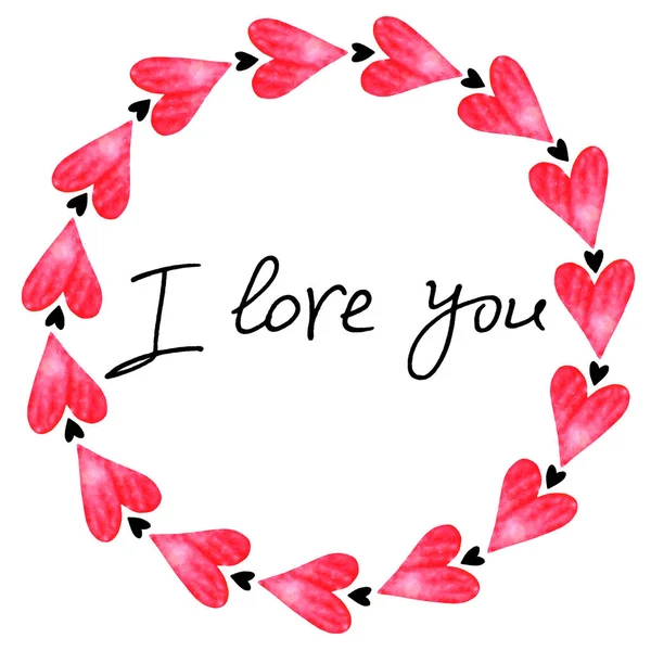 I love you. Frame of red watercolor hearts. Background template for Valentine's Day, greeting cards, declarations of love, web — Stock Photo, Image