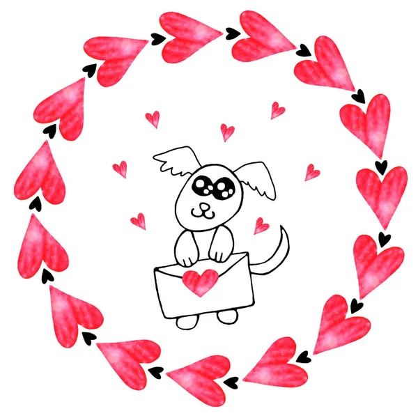 Simple cute contour dog with love letter, red hearts. Doodle. Design element for greeting card, Valentine's day, birthday, coloring book, postcard, prints, logo badges stationery web — 스톡 사진
