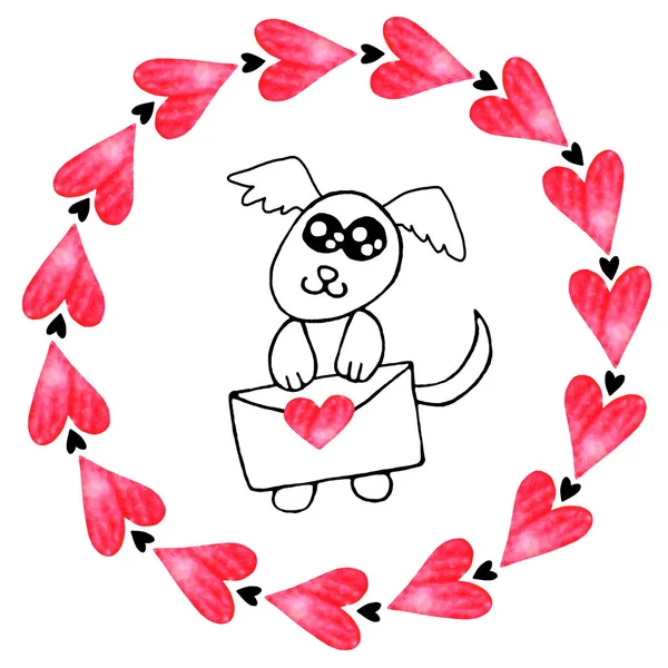 Простая милая контурная собака с любовным письмом, красными сердцами. Дудл. Элемент дизайна для поздравительных открыток, день святого Валентина, день рождения, раскраска, открытка, гравюры, логотип значки канцелярские принадлежности веб — стоковое фото