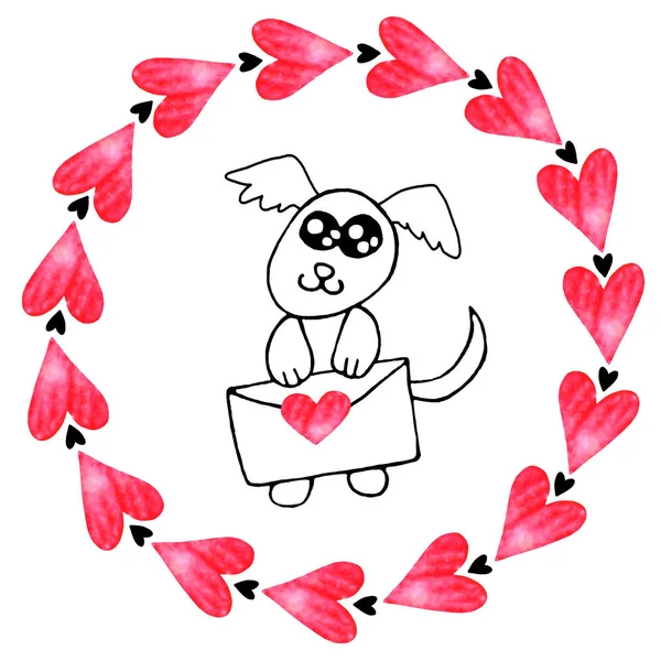 Perro de contorno lindo simple con carta de amor, corazones rojos. Doodle. Elemento de diseño para tarjeta de felicitación, día de San Valentín, cumpleaños, libro para colorear, postal, impresiones, insignias de logotipo papelería web —  Fotos de Stock