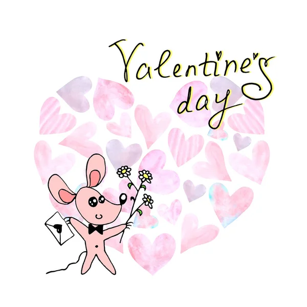 O cartão de saudação do dia dos namorados. Um simples mouse cor bonito com uma carta de amor e flores. Doodle. Para cartão postal, logotipo, crachás, papelaria, web — Fotografia de Stock