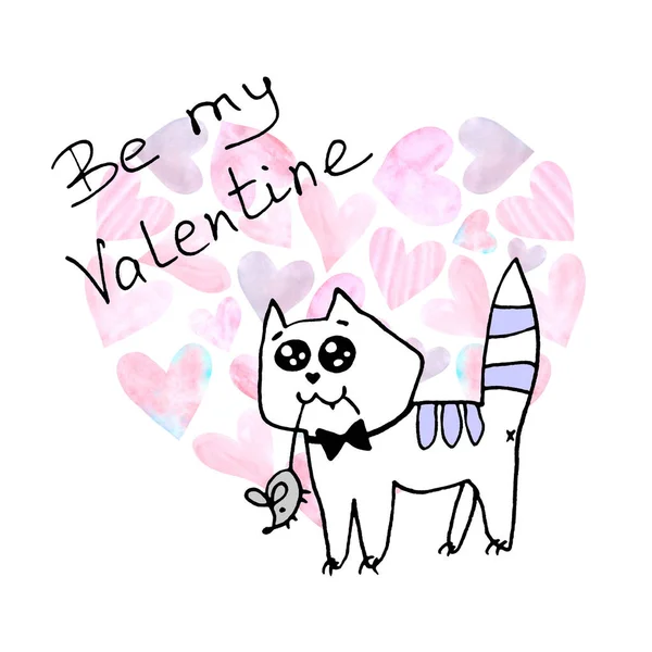 Sé mi Valentine. Simple gato contorneado lindo con un ratón en sus dientes. Regalo para tu favorito. Doodle. Para postal, logotipo, insignias, papelería, web —  Fotos de Stock