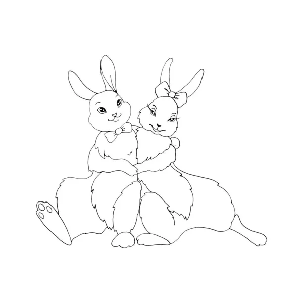 Leuke knuffelkonijnen, hazen. Symbool van liefde, romantiek. Contour illustratie voor Valentijnsdag, Pasen, kleurboek, wenskaart, web. Doodle hand getrokken — Stockfoto