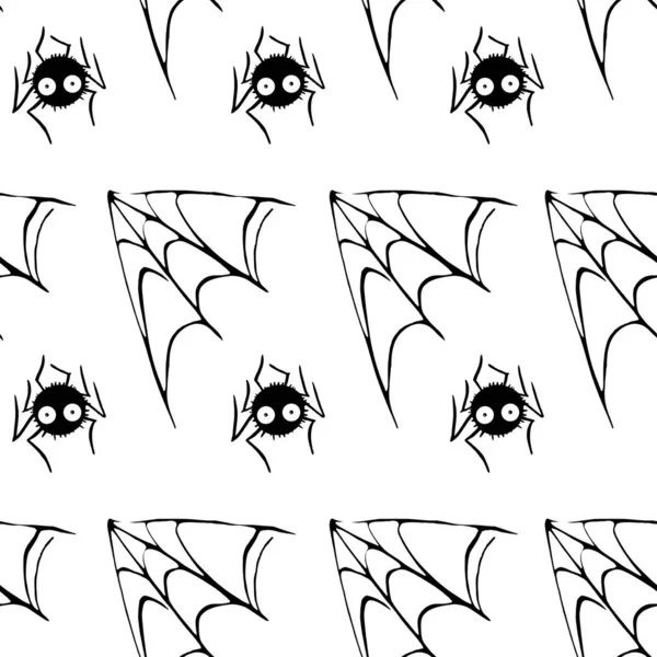 Teia de aranha sem costura mão desenhada padrão. Branco fundo laranja preto. Textura de Halloween — Fotografia de Stock