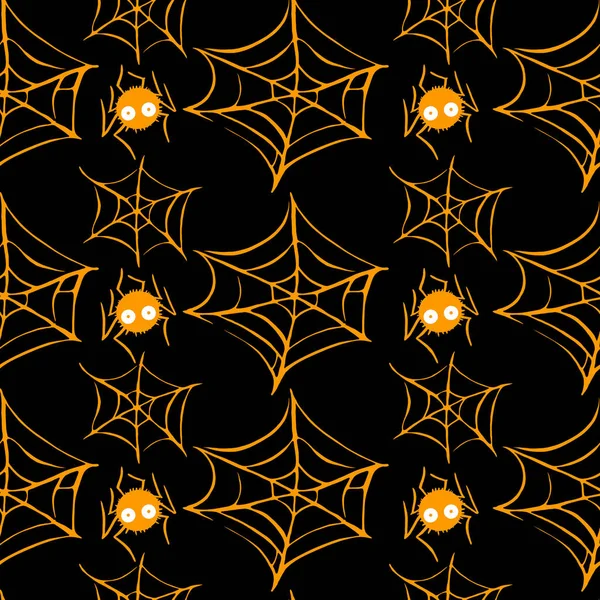 Tela de araña patrón dibujado a mano sin costura. Fondo blanco naranja negro. Textura Halloween — Foto de Stock