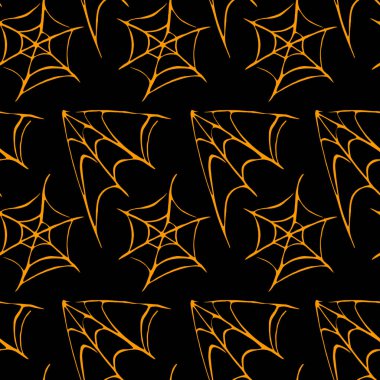 Örümcek ağı dikişsiz el çizimi desen. Beyaz siyah turuncu arka plan. Cadılar Bayramı dokusu