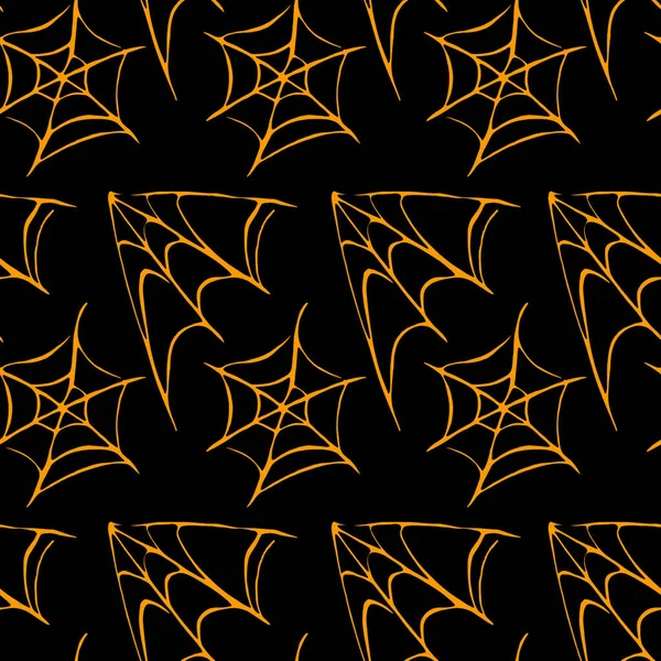 Spinnennetz nahtlose handgezeichnete Muster. weiß schwarz orange Hintergrund. Halloween-Textur — Stockfoto