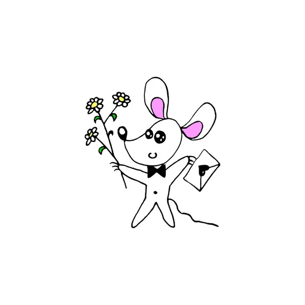 A simple cute contour color mouse with a love letter and a bouquet of flowers. Doodle. Design element for greeting card, Valentines day, birthday, prints, logo badges stationery web