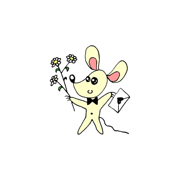 Une souris de couleur contour mignon simple avec une lettre d'amour et un bouquet de fleurs. Doodle. Elément design pour carte de vœux, Saint Valentin, anniversaire, estampes, logo badges papeterie web — Photo