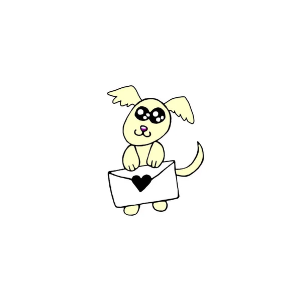 Prosty ładny kolor kontur pies z listem miłosnym. Bazgroły. Element projektu kartki okolicznościowej, Walentynki, urodziny, druki, pocztówka, logo plakietki papeteria web — Zdjęcie stockowe