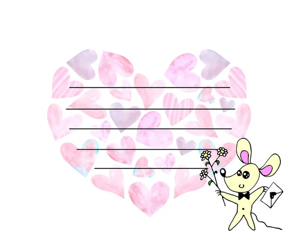 Background for greeting card, letter, Declaration of love with hearts and cute animals. Simple illustration for stationery, invitation, notebooks, girls, birthday, Valentines day — Stock Photo, Image