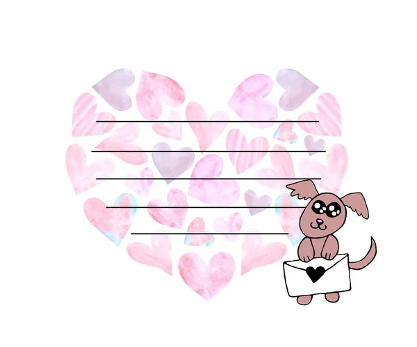 Background for greeting card, letter, Declaration of love with hearts and cute animals. Simple illustration for stationery, notebooks, girls, birthday, Valentines day, invitation — Stock Photo, Image