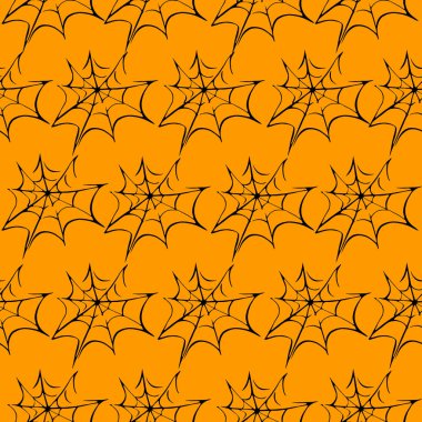 Örümcek ağı dikişsiz el çizimi desen. Beyaz siyah turuncu arka plan. Cadılar Bayramı dokusu