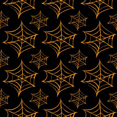 Örümcek ağı dikişsiz el çizimi desen. Beyaz siyah turuncu arka plan. Cadılar Bayramı dokusu