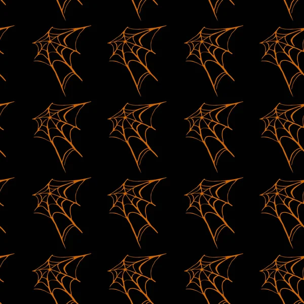 Spider web seamless hand drawn pattern. White black orange background. Halloween texture