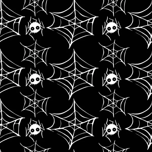 Spider web naadloos met de hand getekend patroon. Wit zwart oranje achtergrond. Halloween textuur — Stockfoto
