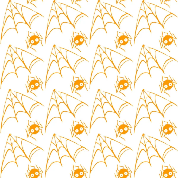 Spider web seamless hand drawn pattern. White black orange background. Halloween texture
